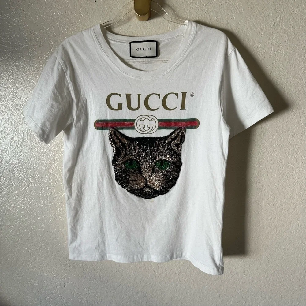 Authentic Gucci LOGO T-SHIRT WITH MYSTIC CAT IN WHITE size XS - Picture 7 of 10